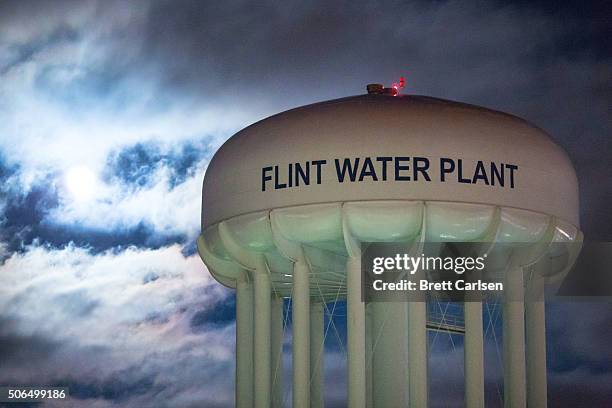 The City of Flint Water Plant is illuminated by moonlight on January 23, 2016 in Flint, Michigan. A federal state of emergency has been declared in...