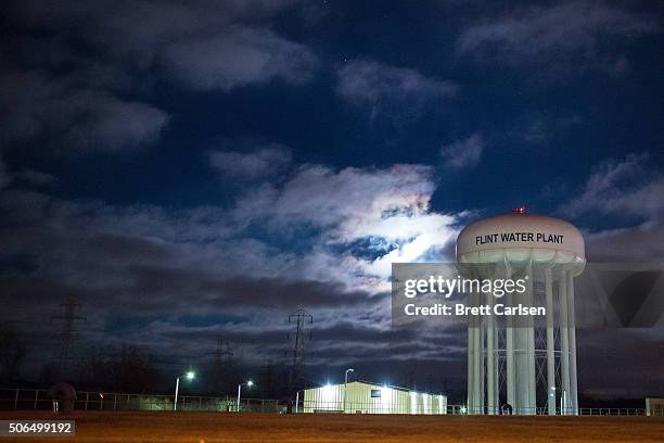 The City of Flint Water Plant is illuminated by moonlight on January 23, 2016 in Flint, Michigan. A federal state of emergency has been declared in...