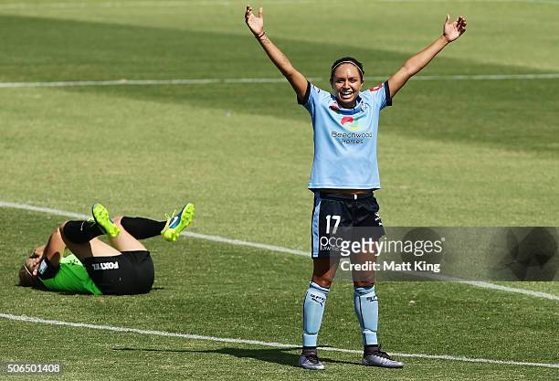 Kyah Simon of Sydney FC celebrates victory after the W-League semi final match between Canberra United and Sydney FC at McKellar Park on January 24,...