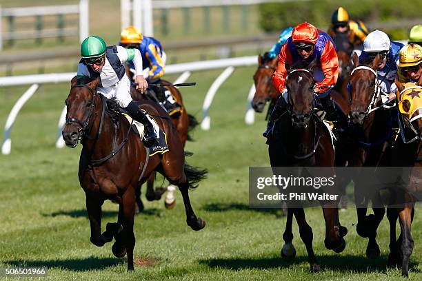 Michael McNab riding Raghu celebrates winning the Karaka Three Year Old Mile at the Ellerslie Racecourse on January 24, 2016 in Auckland, New Zealand.