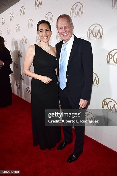 Producers Elise Doganieri and Bertram van Munster attend the 27th Annual Producers Guild Of America Awards at the Hyatt Regency Century Plaza on...