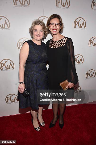 Producer Bonnie Arnold and Producer Mireille Soria attend the 27th Annual Producers Guild Of America Awards at the Hyatt Regency Century Plaza on...
