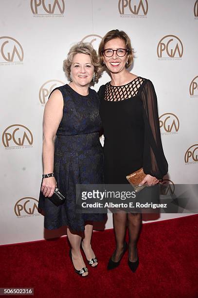Producer Bonnie Arnold and Producer Mireille Soria attend the 27th Annual Producers Guild Of America Awards at the Hyatt Regency Century Plaza on...
