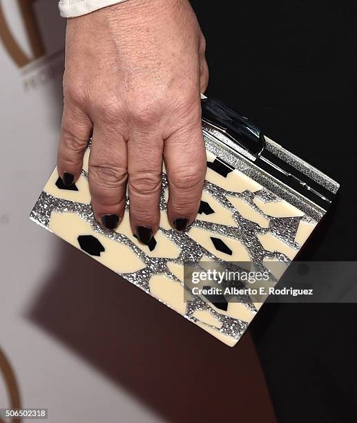 Actress Marcia Gay Harden, manicure and purse details, attends 27th Annual Producers Guild Of America Awards at the Hyatt Regency Century Plaza on...