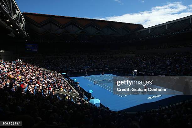 General view of Margaret Court Arena as Sam Groth of Australia and Lleyton Hewitt of Australia compete against Vasek Pospisil of Canada and Jack Sock...