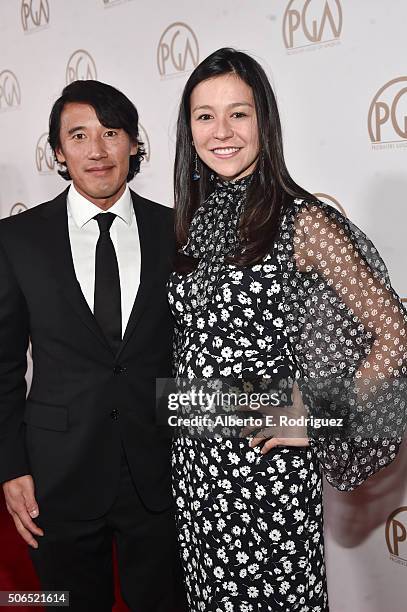 Producer Jimmy Chin and director Elizabeth Chai Vasarhelyi attend the 27th Annual Producers Guild Of America Awards at the Hyatt Regency Century...