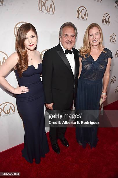 Actress Mimi Gianopulos, honoree Jim Gianopulos and Ann Gianopulos attend the 27th Annual Producers Guild Of America Awards at the Hyatt Regency...