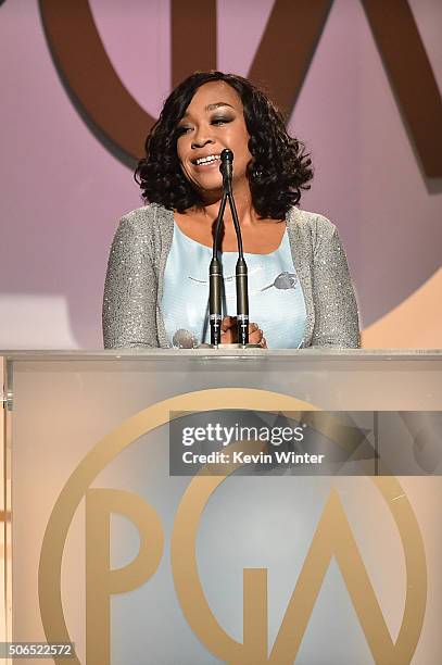 Honoree Shonda Rhimes accepts the Norman Lear Achievement Award onstage at the 27th Annual Producers Guild Of America Awards at the Hyatt Regency...