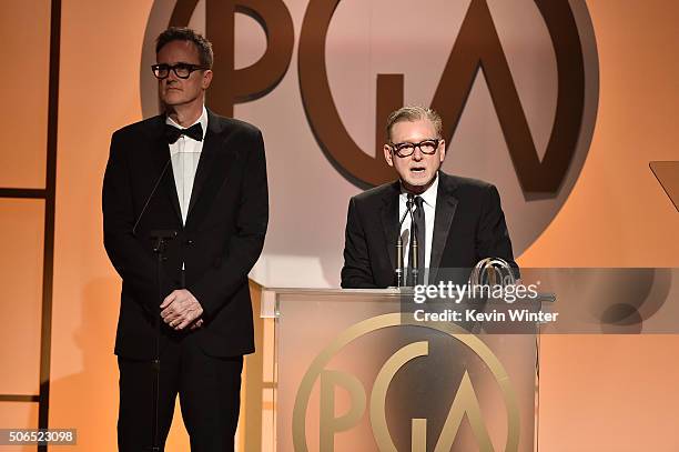 Producers John Cameron and Warren Littlefield accept The David L. Wolper Award for Outstanding Producer of Long-Form Television for 'Fargo' onstage...