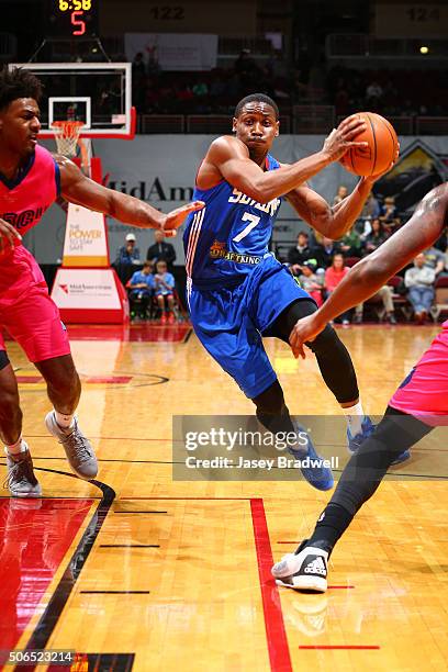 Juwan Staten of the Delaware 87ers drives towards the basket against the Iowa Energy in an NBA D-League game on January 23, 2016 at the Wells Fargo...