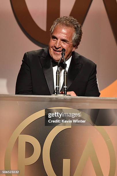 Honoree Jim Gianopulos accepts the Milestone Award onstage at the 27th Annual Producers Guild Of America Awards at the Hyatt Regency Century Plaza on...