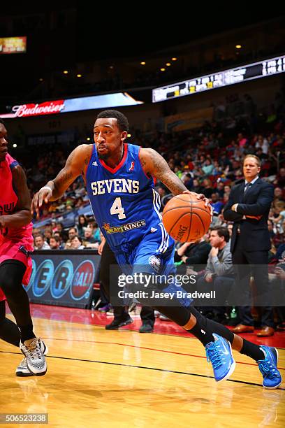 Jordan McRae of the Delaware 87ers drives along the baseline against the Iowa Energy in an NBA D-League game on January 23, 2016 at the Wells Fargo...