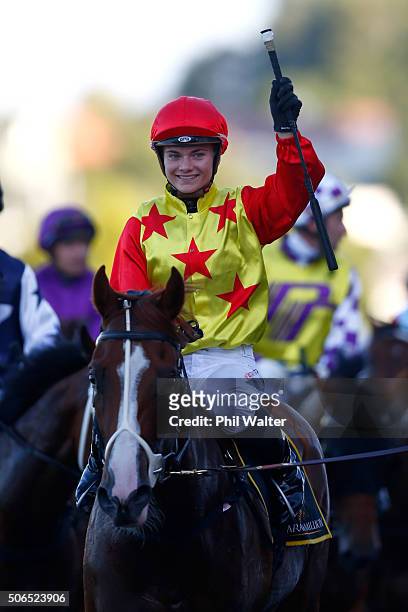 Danielle Johnson riding Xiong Feng celebrates winning the Karaka Million at the Ellerslie Racecourse on January 24, 2016 in Auckland, New Zealand.