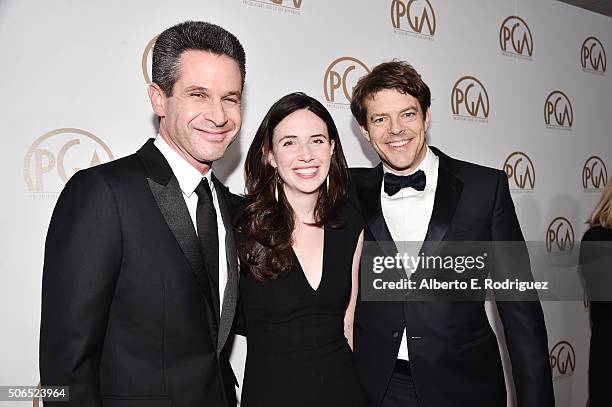 Producer Simon Kinberg, Lauren Schuker Blum, and producer Jason Blum attend the 27th Annual Producers Guild Of America Awards at the Hyatt Regency...