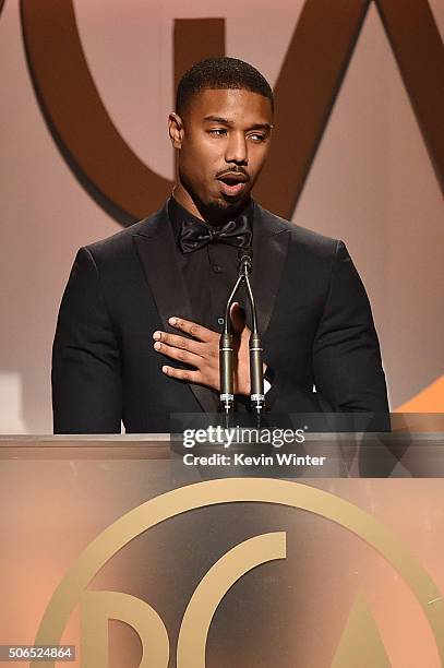 Actor Michael B. Jordan speaks onstage at the 27th Annual Producers Guild Of America Awards at the Hyatt Regency Century Plaza on January 23, 2016 in...