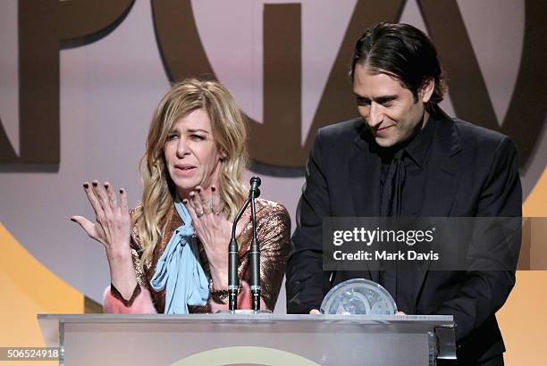 Producers Dede Gardner and Jeremy Kleiner accept The Darryl F. Zanuck Award for Outstanding Producer of Theatrical Motion Pictures onstage at the...