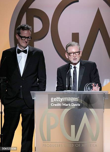 Producers John Cameron and Warren Littlefield onstage at the 27th Annual Producers Guild Awards at the Hyatt Regency Century Plaza on January 23,...