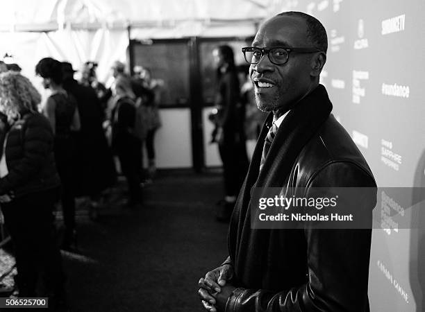 Image converted to black & white) Actor Don Cheadle attends the 'Miles Ahead' Premiere during the 2016 Sundance Film Festival at The Marc Theatre on...