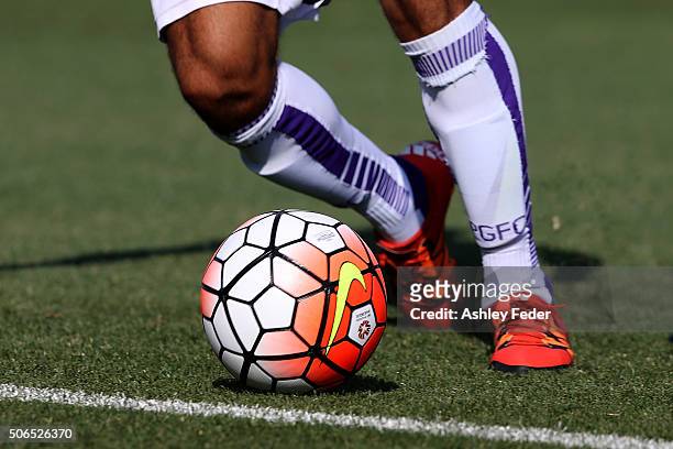 Close up of boots and soccer ball during the round 16 A-League match between the Newcastle Jets and the Perth Glory at Hunter Stadium on January 24,...