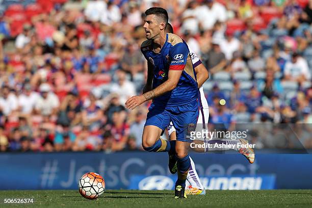 Josh Hoffman of the Jets runs the ball during the round 16 A-League match between the Newcastle Jets and the Perth Glory at Hunter Stadium on January...