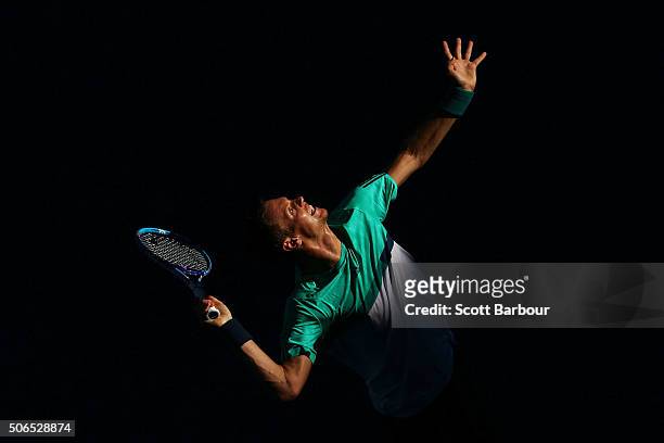 Tomas Berdych of the Czech Republic serves in his fourth round match against Roberto Bautista Agut of Spain during day seven of the 2016 Australian...