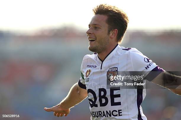 Chris Harold of the Glory celebrates after scoring a goal during the round 16 A-League match between the Newcastle Jets and the Perth Glory at Hunter...