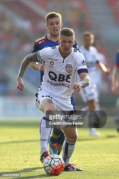 Andrew Keogh of the Glory controls the ball during the round 16 A-League match between the Newcastle Jets and the Perth Glory at Hunter Stadium on...