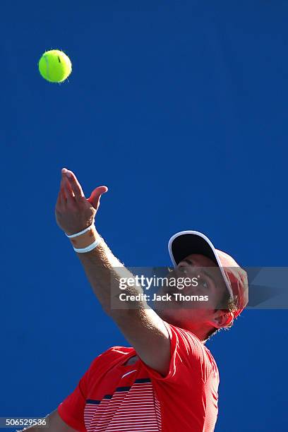 Oliver Anderson of Australia serves in his first round match against Lukas Klein of Slovakia during the Australian Open 2016 Junior Championships at...