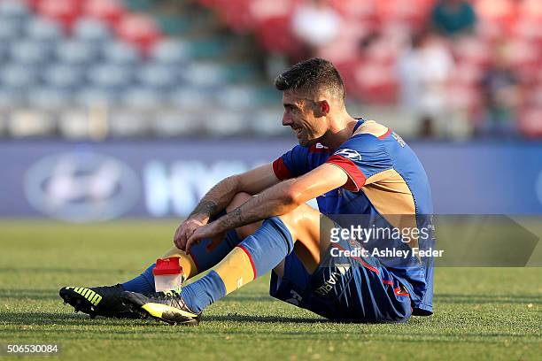 Jason Hoffman of the Jets looks dejected after losing during the round 16 A-League match between the Newcastle Jets and the Perth Glory at Hunter...