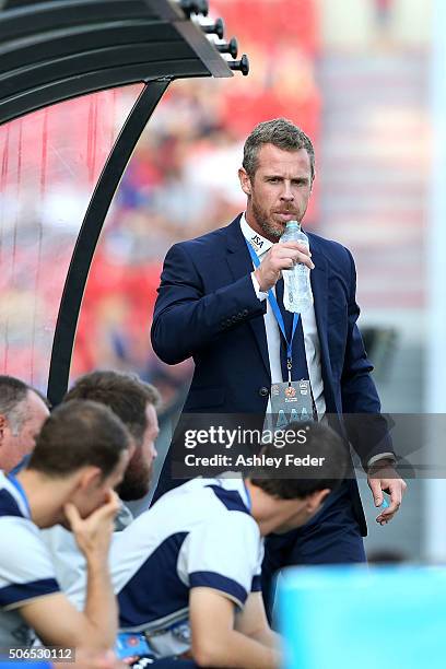 Scott Miller coach of the Jets watches on during the round 16 A-League match between the Newcastle Jets and the Perth Glory at Hunter Stadium on...