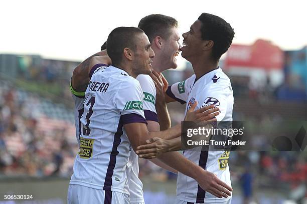 Perth Glory players celebrate a goal during the round 16 A-League match between the Newcastle Jets and the Perth Glory at Hunter Stadium on January...