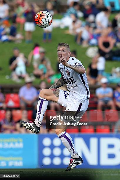 Andrew Keogh of the Glory in action during the round 16 A-League match between the Newcastle Jets and the Perth Glory at Hunter Stadium on January...