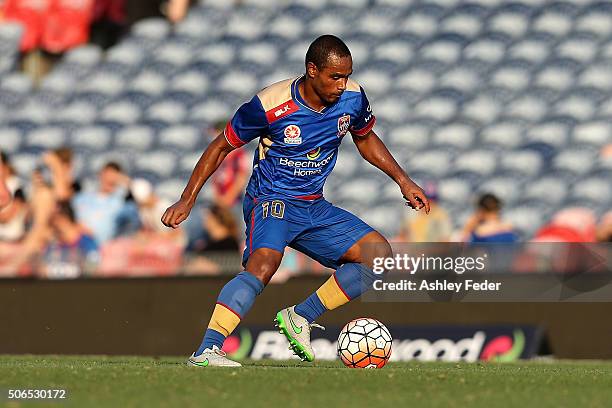 Leonardo Santiago of the Jets in action during the round 16 A-League match between the Newcastle Jets and the Perth Glory at Hunter Stadium on...