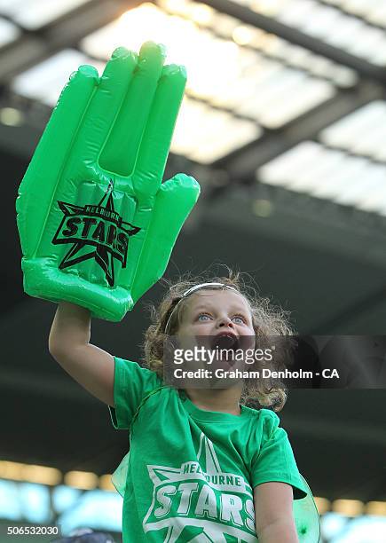 Young Melbourne Stars fan shows her support during the Big Bash League final match between Melbourne Stars and the Sydney Thunder at Melbourne...