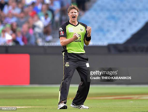 Shane Watson of the Sydney Thunder celebrates after taking the wicket of Melbourne Stars' Marcus Stoinis during the T20 Big Bash League cricket final...