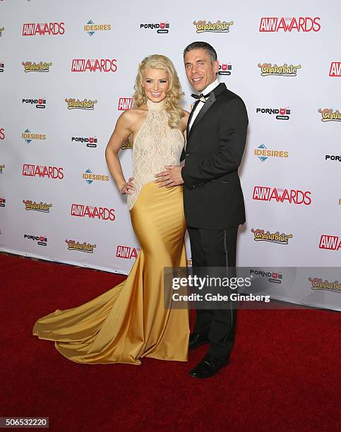 Co-host of the 2016 Adult Video News Awards, adult film actress Anikka Albrite and her husband, adult film actor/director Mick Blue arrive at the...