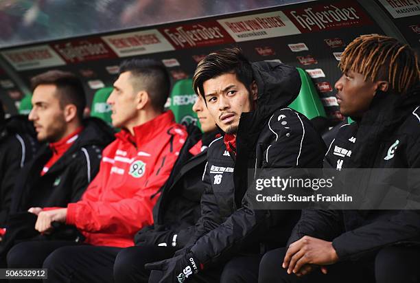 Hotaru Yamaguchi of Hannover looks on during the Bundesliga match between Hannover 96 and SV Darmstadt 98 at HDI-Arena on January 23, 2016 in...