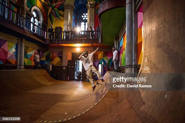 Skater practices skateboarding in a skate park inside the Santa Barbara church on January 23, 2016 in Oviedo, Spain. A collective of skaters named...