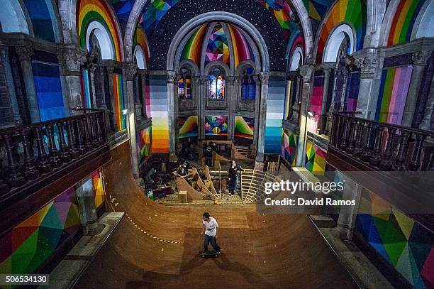 Skater practices skateboarding in a skate park inside the Santa Barbara church on January 23, 2016 in Oviedo, Spain. A collective of skaters named...