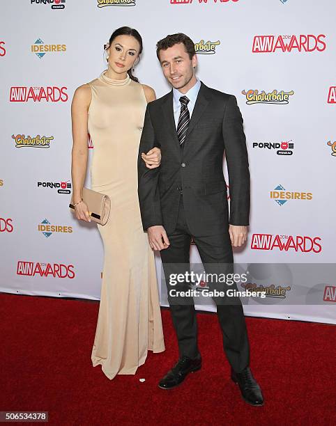 Adult film actress Chanel Preston and adult film actor James Deen attend the 2016 Adult Video News Awards at the Hard Rock Hotel & Casino on January...