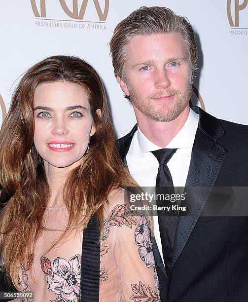 Actress Amelia Heinle and actor Thad Luckinbill attend the 27th Annual Producers Guild Of America Awards at the Hyatt Regency Century Plaza on...