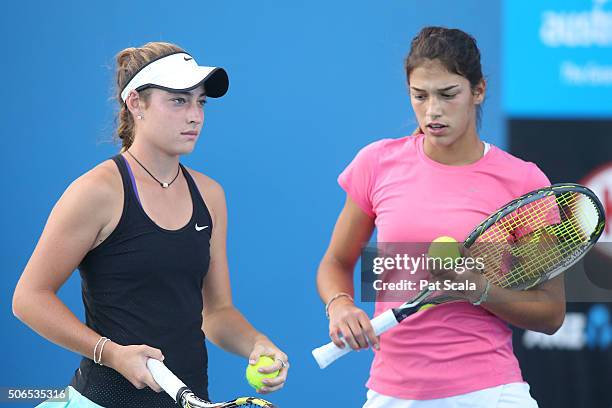 Jade Lewis of New Zealand and Eleni Christofi of Greece compete in their match against Bianca Andreescu of Canada and Charlette Robillard-Millette of...