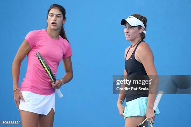 Jade Lewis of New Zealand and Eleni Christofi of Greece compete in their match against Bianca Andreescu of Canada and Charlette Robillard-Millette of...