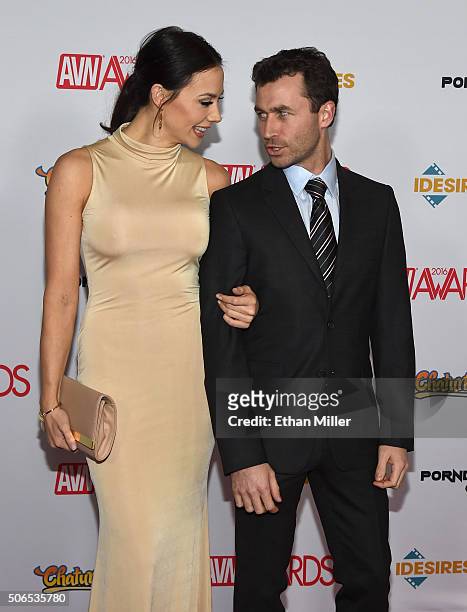 Adult film actress Chanel Preston and adult film actor/director James Deen attend the 2016 Adult Video News Awards at the Hard Rock Hotel & Casino on...