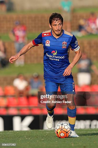 Mateo Poljak of the Jets in action during the round 16 A-League match between the Newcastle Jets and the Perth Glory at Hunter Stadium on January 24,...