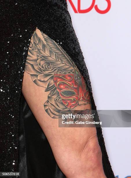 Adult film actress Anna Bell Peaks, tattoo detail, attends the 2016 Adult Video News Awards at the Hard Rock Hotel & Casino on January 23, 2016 in...