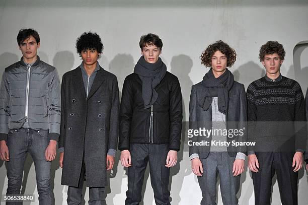 Models pose on the runway during the finale of the Officine Generale Menswear Fall/Winter 2016-2017 show as part of Paris Fashion Week on January 24,...
