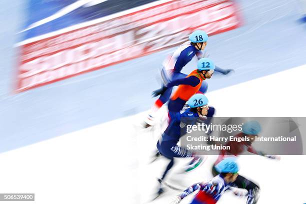 Skaters sprint off from the start during the Men's 1000m Quarterfinals on day three of the ISU European Short Track Speed Skating Championships at...