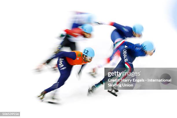 Sjinkie Knegt of the Netherlands skates during the Men's 1000m Quarterfinals on day three of the ISU European Short Track Speed Skating Championships...