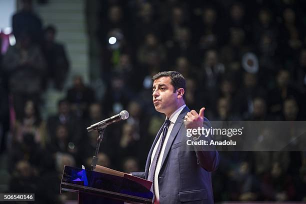 Peoples Democratic Party leader Selahattin Demirtas delivers a speech during the 2nd General Assembly of the Peoples Democratic Party at Ahmet Taner...